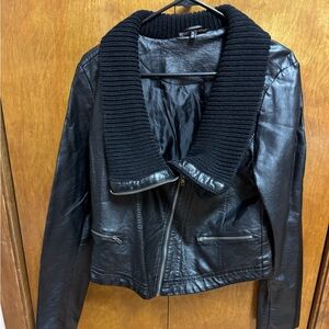 Black Leather Jacket with Knit Collar